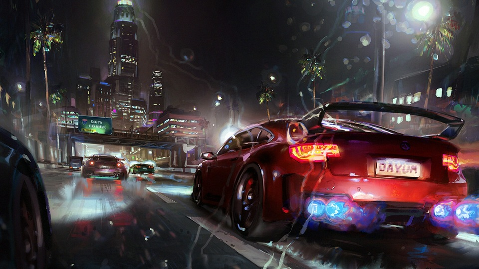 Автомобиль Мустанг Вид сзади Город под дождем Художественное произведение