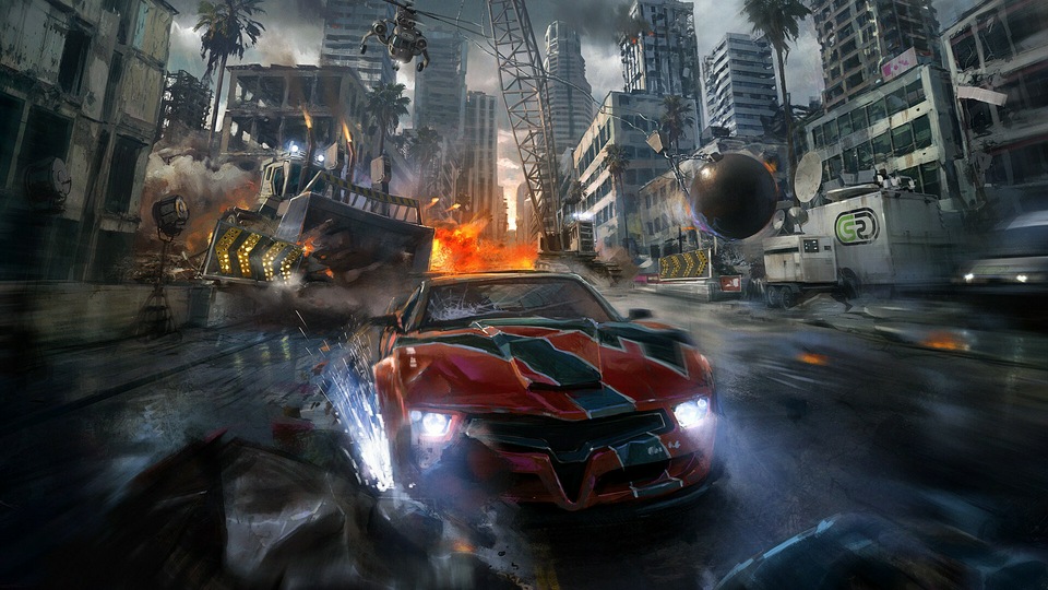 Дрейфующий Автомобиль, Преследуемый Вертолетом.