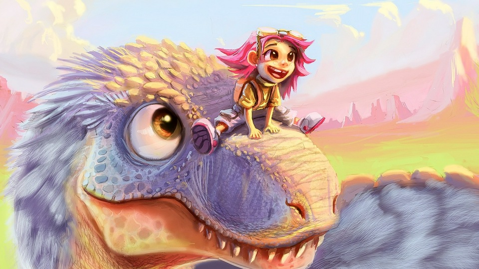 Маленький Мальчик Сидит на Носу Динозавра