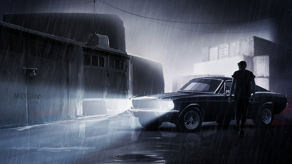 Мужчина, Идущий к Своему Мустангу Под Дождем