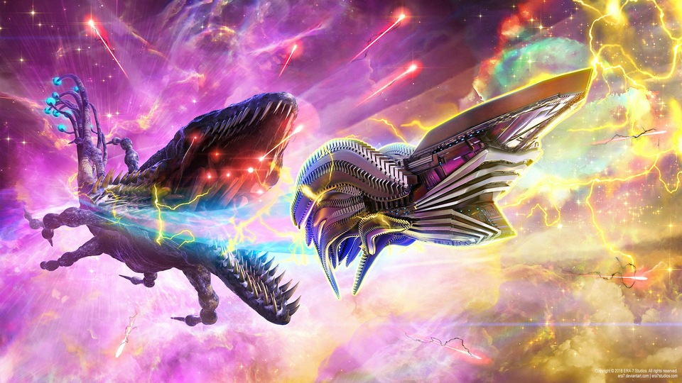 Гигантский монстр, преследующий футуристический корабль