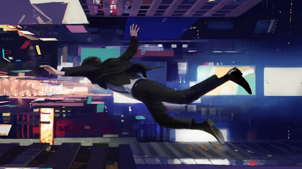 Человек, пролетающий через здание