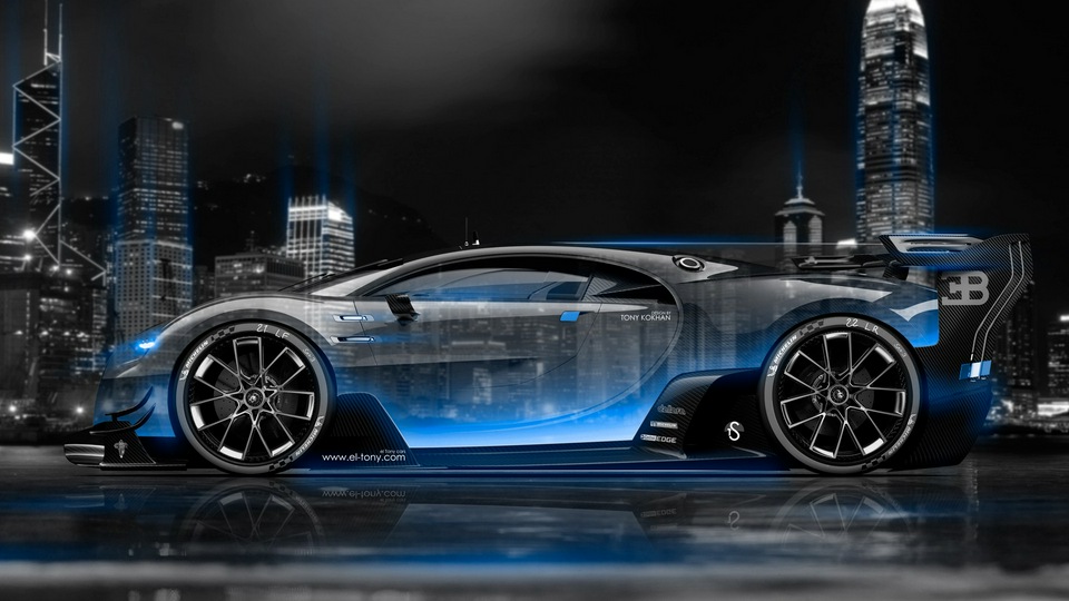 Ночной автомобиль Bugatti Vision Gran Turismo Side Crystal City 4k