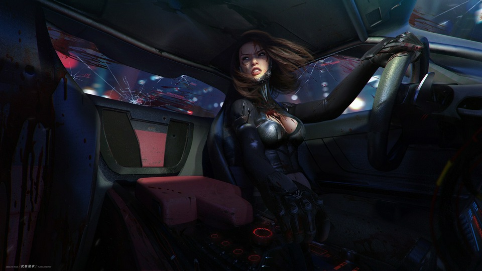 Раненая Девушка за рулем автомобиля.