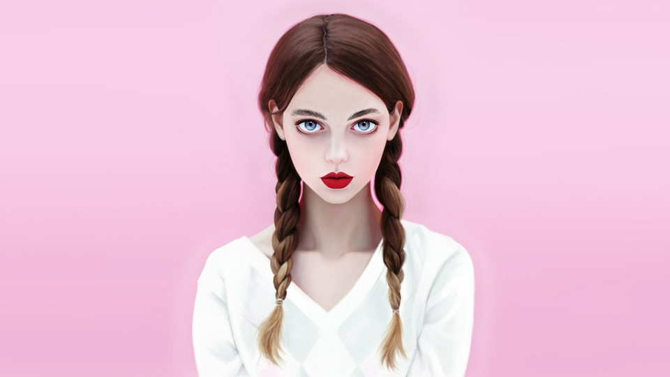Брюнетка с красной помадой Голубые глаза Лицо с косами