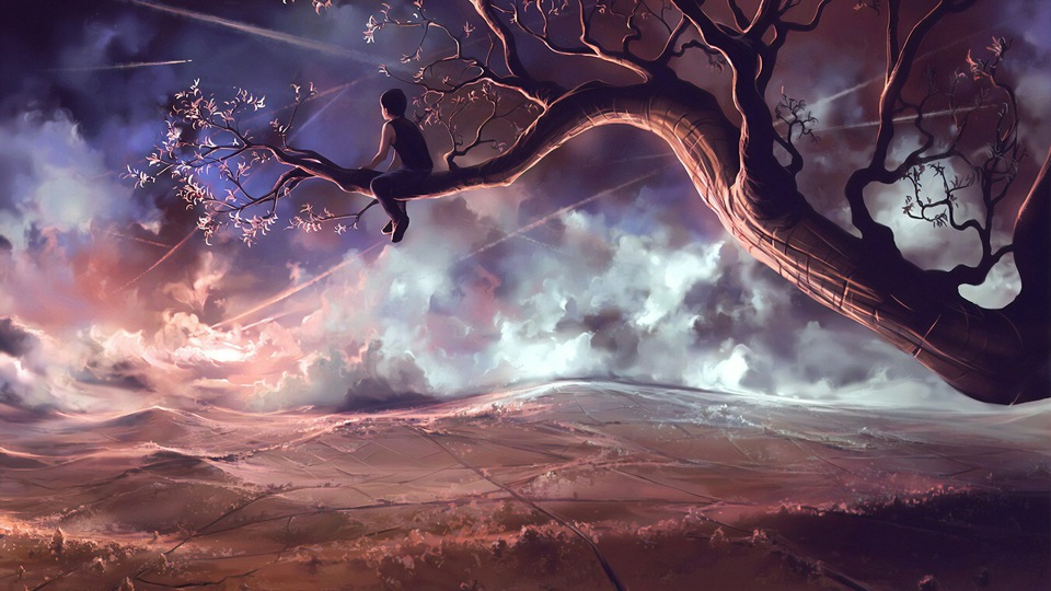 Мальчик, сидящий на ветке дерева Мечтательный 4k