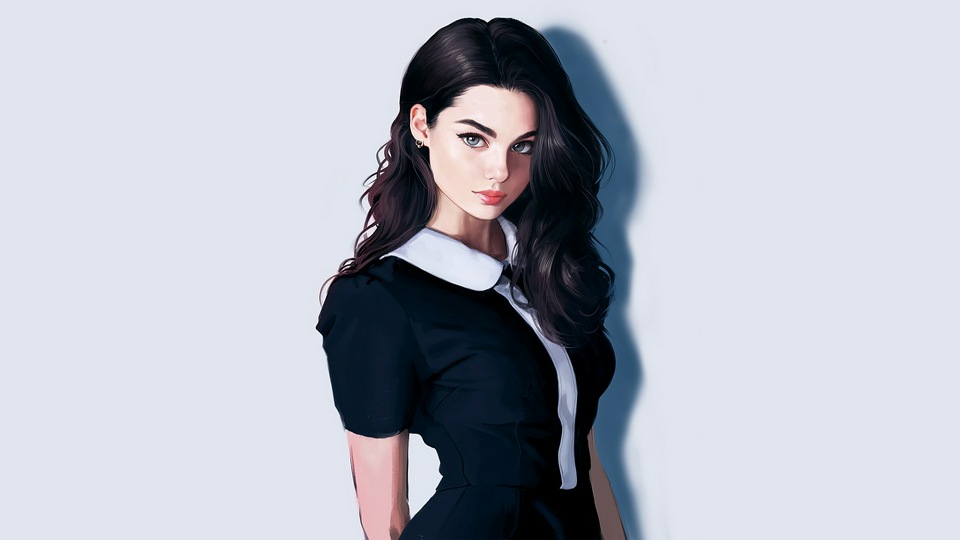 Девушка с темными затемненными волосами выглядит искусно 4k