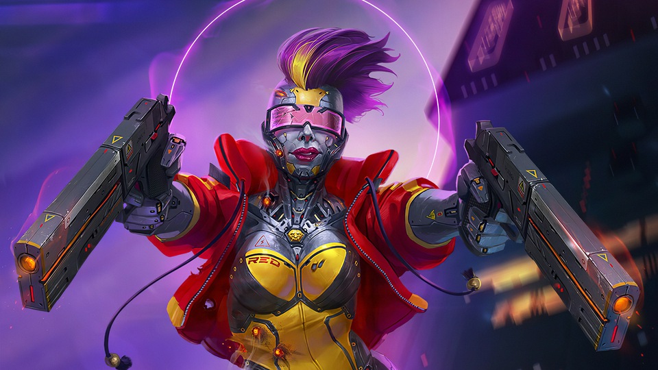 Киберпанк Девушка с разноцветными волосами