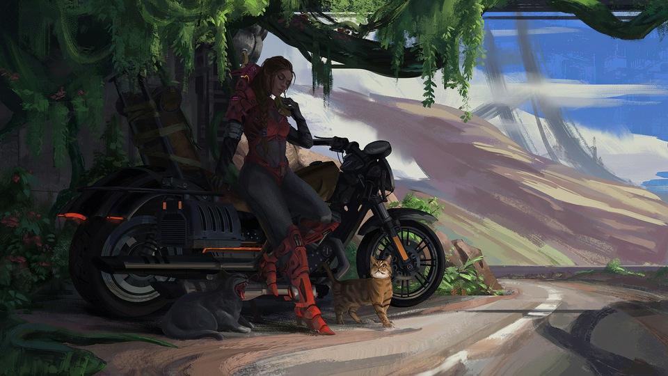 Девушка на велосипеде с Кошкой