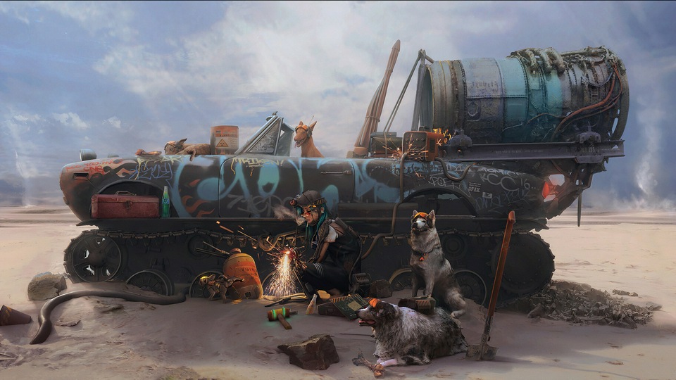 Девушка, Сваривающая Бак с собаками