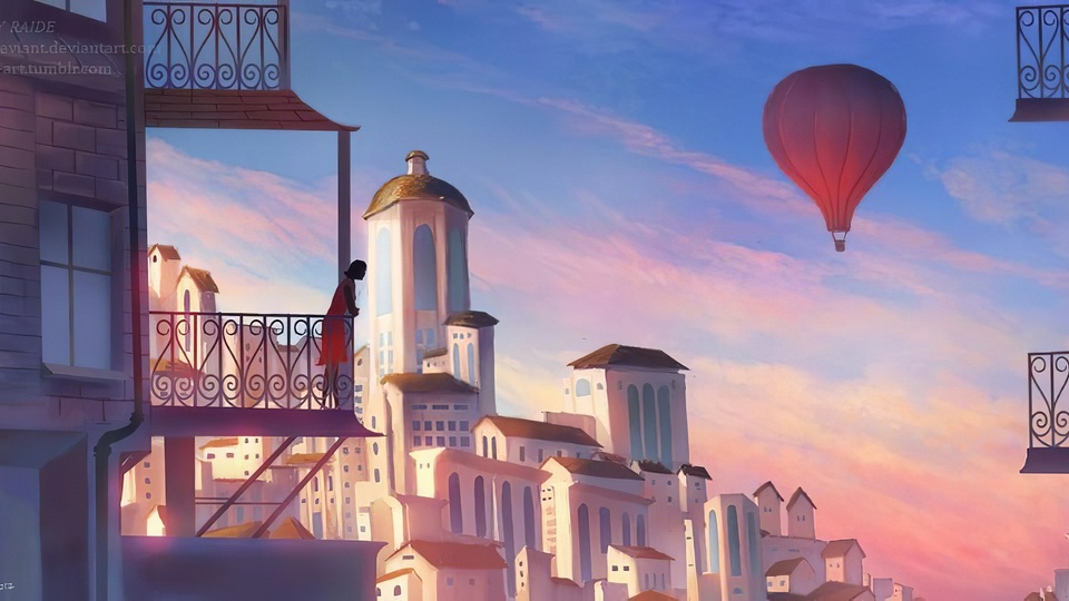 Леди в Красном Платье Стоит на Балконе