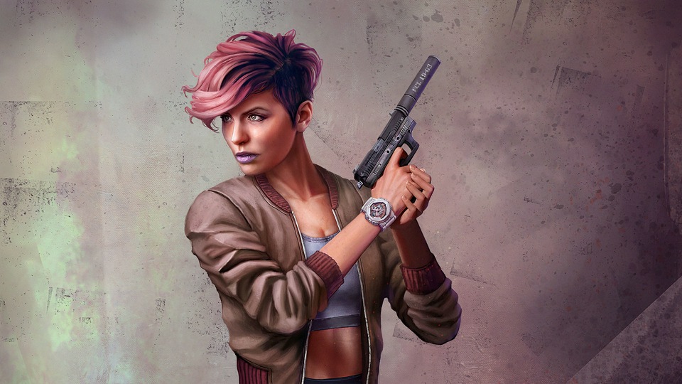 Розовоголовая Девушка с пистолетом