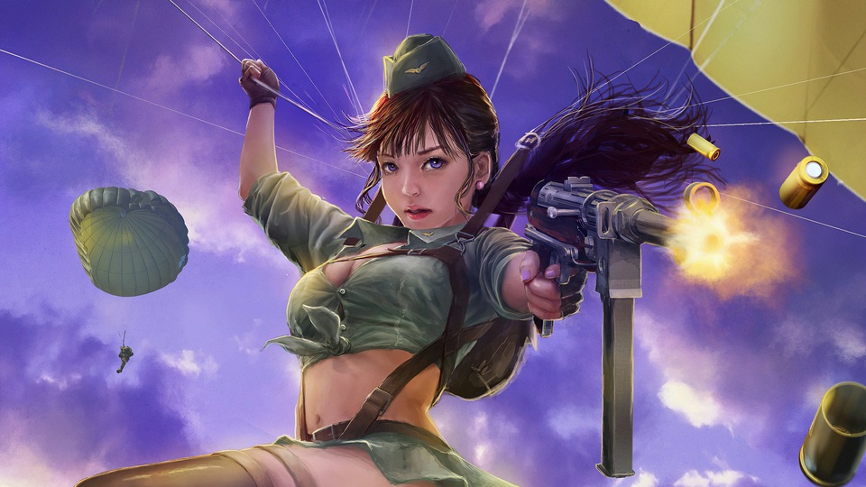 Армейская девушка, спускающаяся с неба