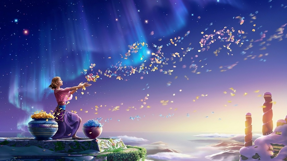 Девушка, бросающая волшебные цветы 4k