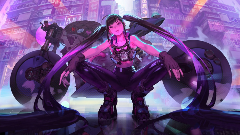 Произведение искусства Cyberpunk Girl Bike 4k