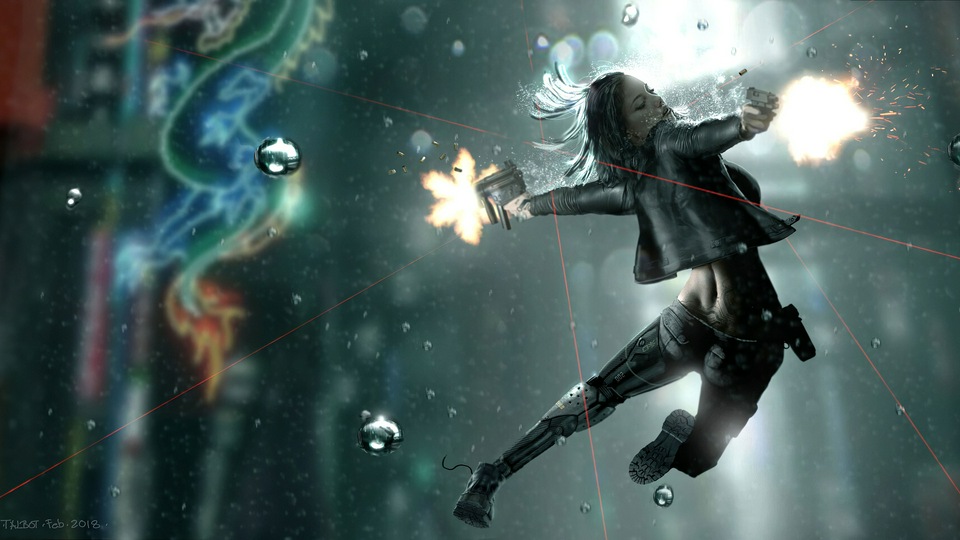 Девушка в черном платье Стреляет