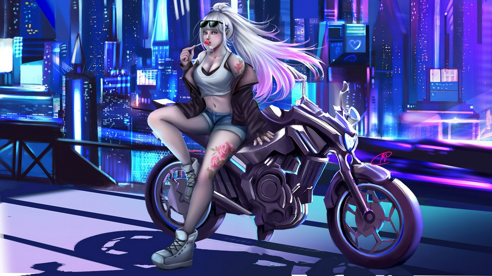 Произведения искусства Cyberpunk Girl Bike 4k