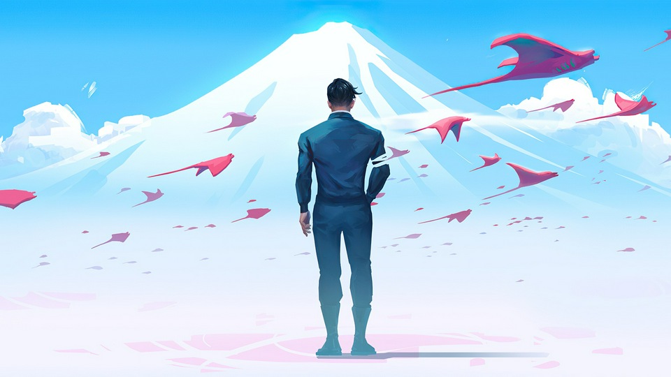 Классный мужчина, стоящий в горах 4k