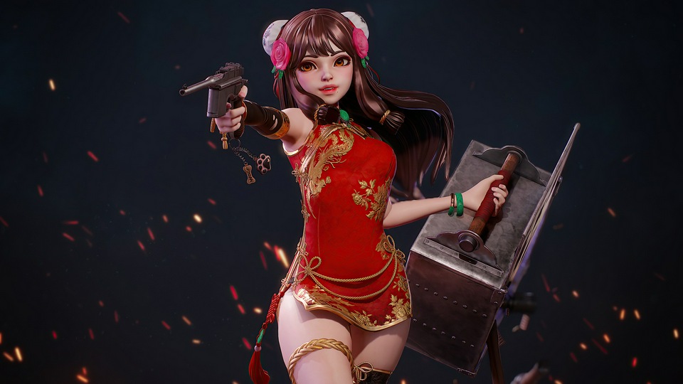 Девушка в красном платье с пистолетом 4k