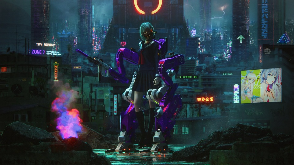 Девушка с кибер-оружием 4k