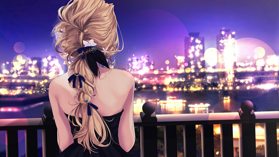 Блондинка в черном платье смотрит на Город 4k