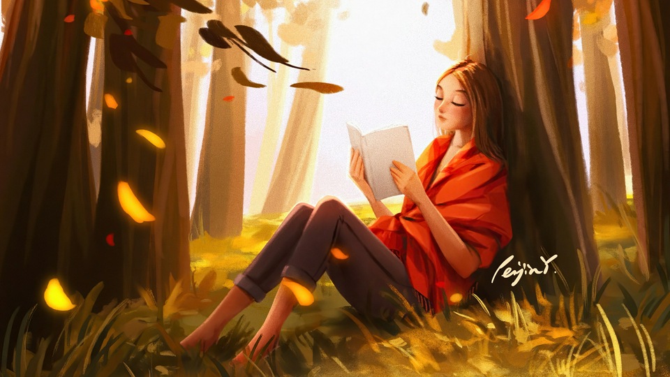 Девушка, Читающая Книгу на Природе 4k