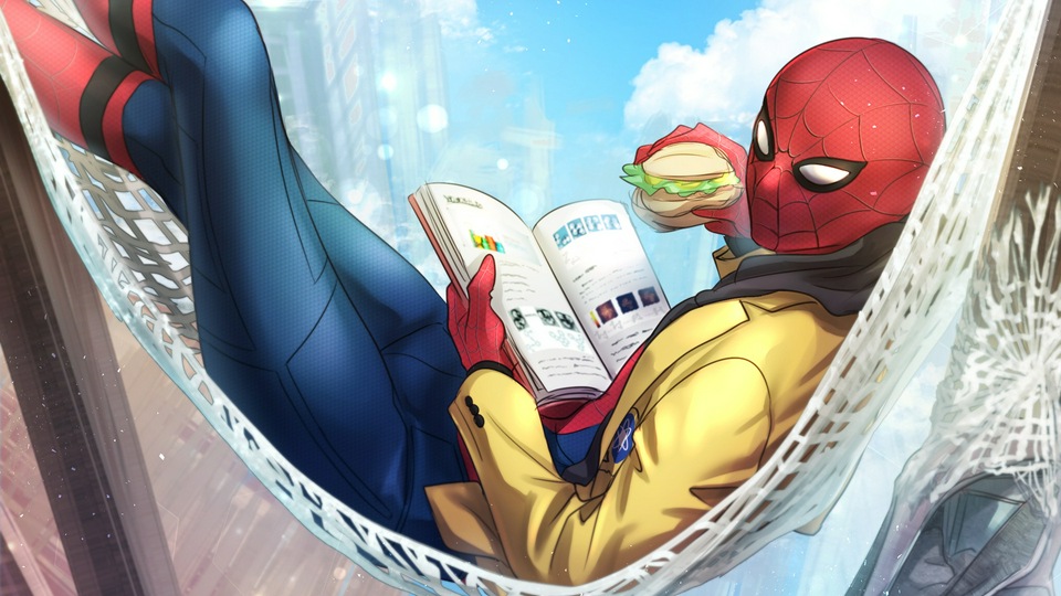 Человек-паук Читает книгу, ест бургер