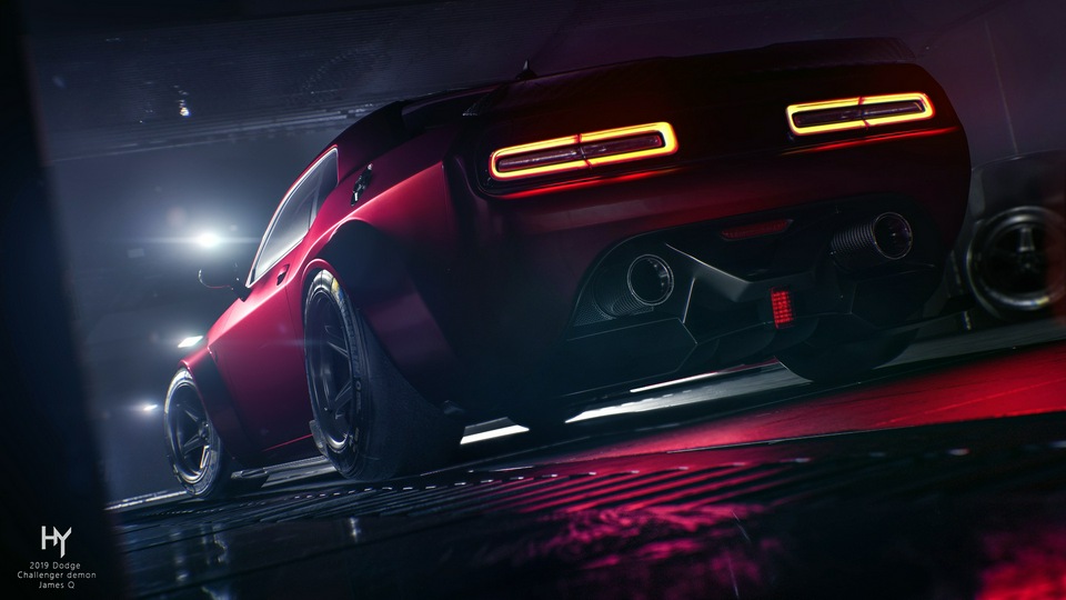 Красный Dodge Challenger сзади 4k