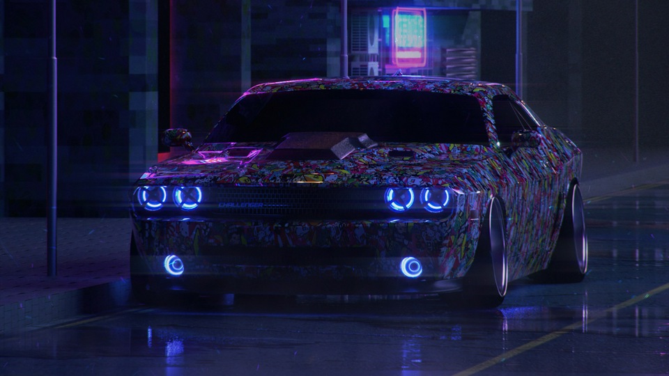 Dodge Challenger на уличном Неоне 5k