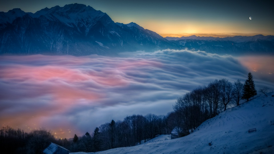 Пейзаж Туман Снег Горы Деревья 4k