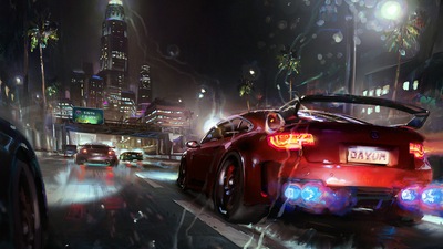 Автомобиль Мустанг Вид сзади Город под дождем Художественное произведение