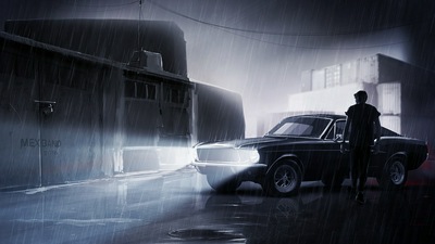 Мужчина, Идущий к Своему Мустангу Под Дождем