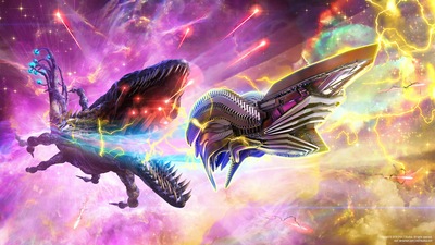 Гигантский монстр, преследующий футуристический корабль