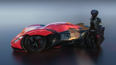 Футуристический Водитель Спортивного Автомобиля, Стоящий за Автомобильным Произведением искусства