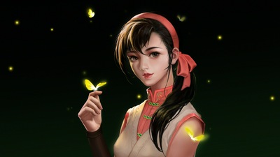 Черные волосы Девушка-бабочка Арт 4k