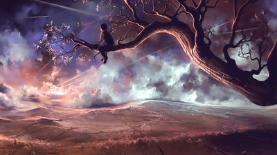 Мальчик, сидящий на ветке дерева Мечтательный 4k