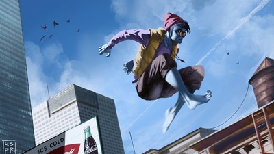 Синий парень прыгает