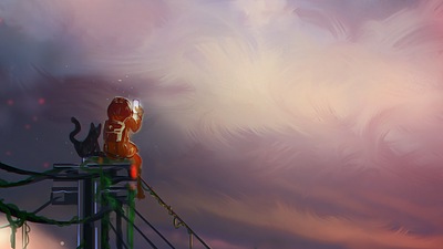 Девушка-Кошка сидит на линии электропередачи, используя телефон 4k