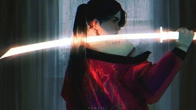 Девушка-самурай с конским хвостом