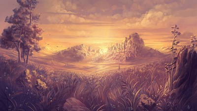 Залитые солнцем равнины Деревья Трава Золотой час 4k