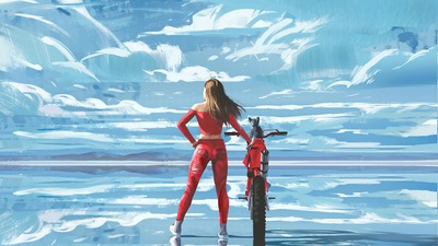 Рыжая девушка-Байкер с кошкой