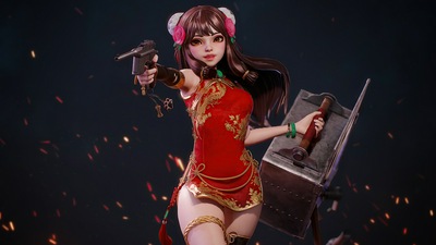 Девушка в красном платье с пистолетом 4k