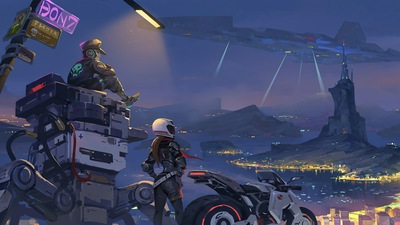 Девушка-Байкер с Маленьким другом-роботом Кибер-Сити