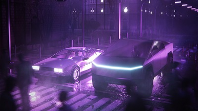 Tesla Cybertruck и Delorean Synthwave 4k