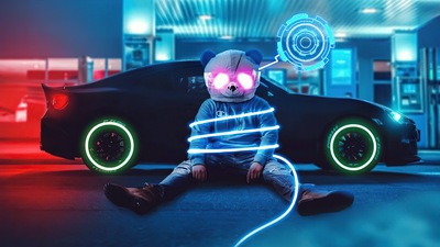 Крутая Панда на заправке Neon 4k