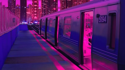 Поезд Неоновые здания Synthwave 5k