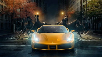 Желтый Ferrari 488 GTB Лошадей позади