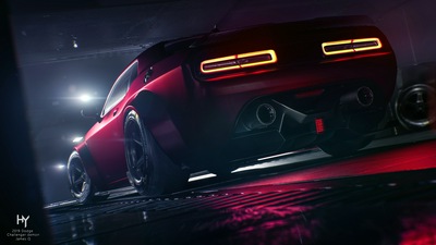 Красный Dodge Challenger сзади 4k