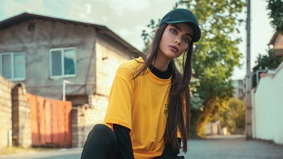 Девушка в шляпе сзади позирует