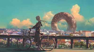 Аниме Оригинальное произведение искусства с длинными волосами Bike City